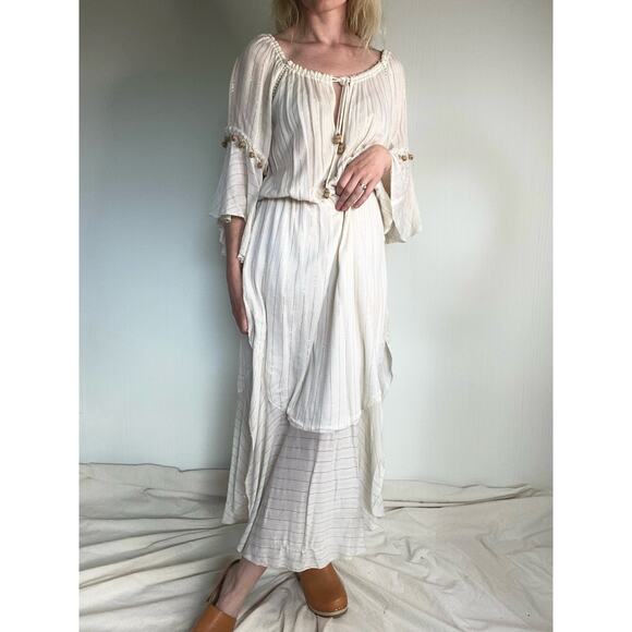 SAYLOR Grecian Goddess Ivory Gauze Off Shoulder Bell Sleeve Maxi Dress US SMALL - Picture 4 of 16